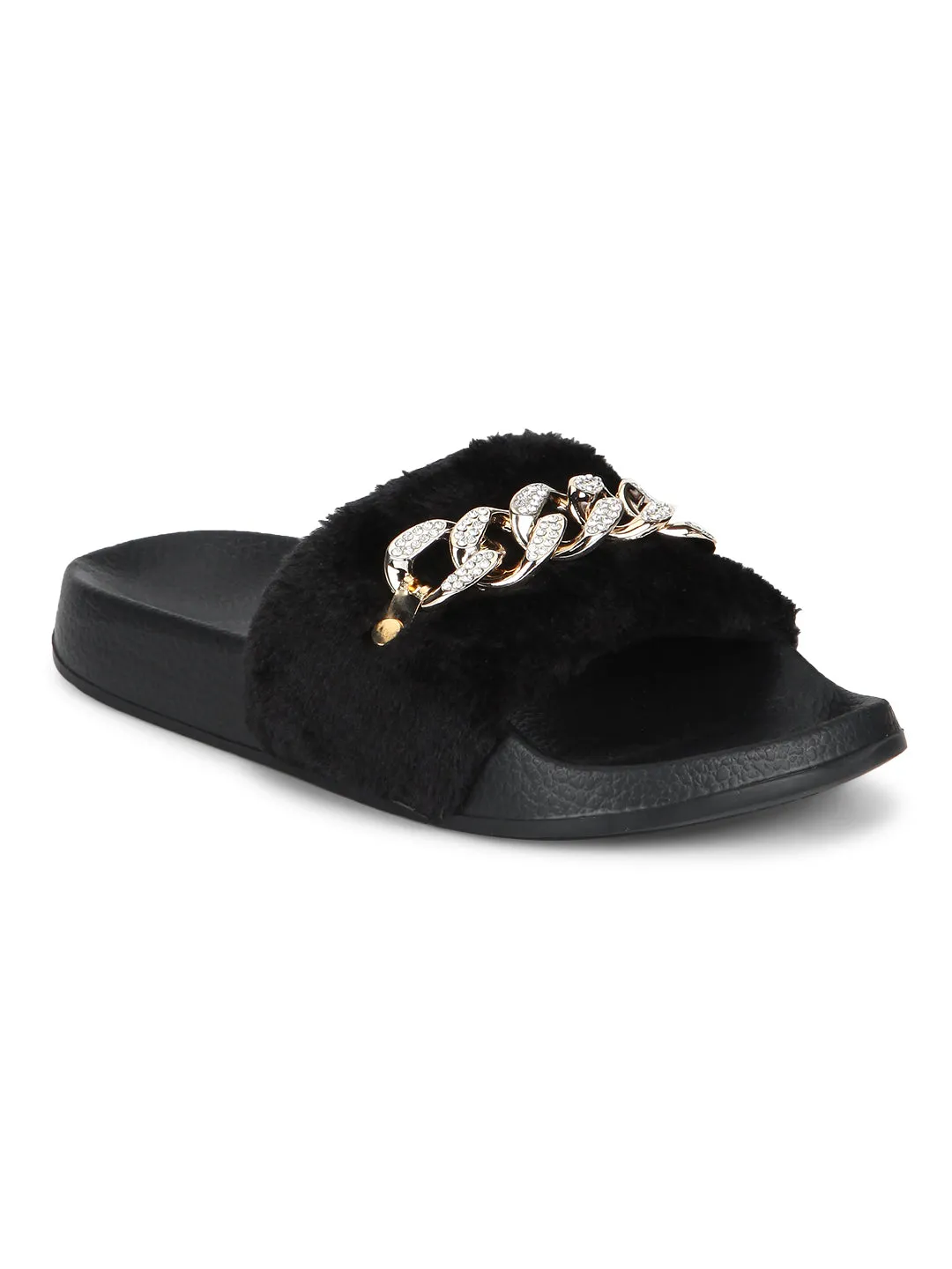 Black Fabric And Chain Detailed Slip-On Flats