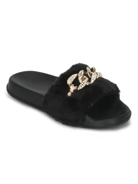 Black Fabric Chain Flats