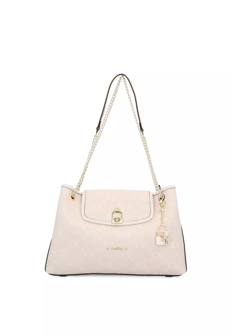 Carlo Rino CR Monogram in Cream Shoulder Tote - Beige