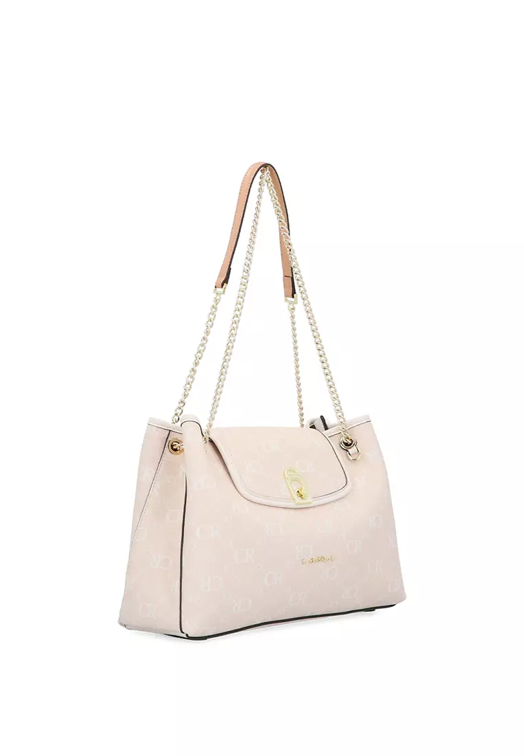 Carlo Rino CR Monogram in Cream Shoulder Tote - Beige