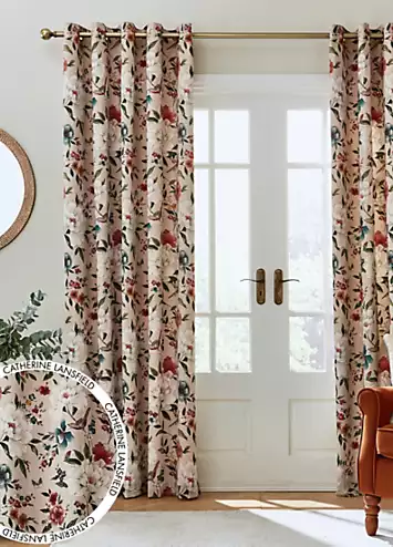 Catherine Lansfield Pippa Floral Birds Pair of Lined Eyelet Curtains | Kaleidoscope