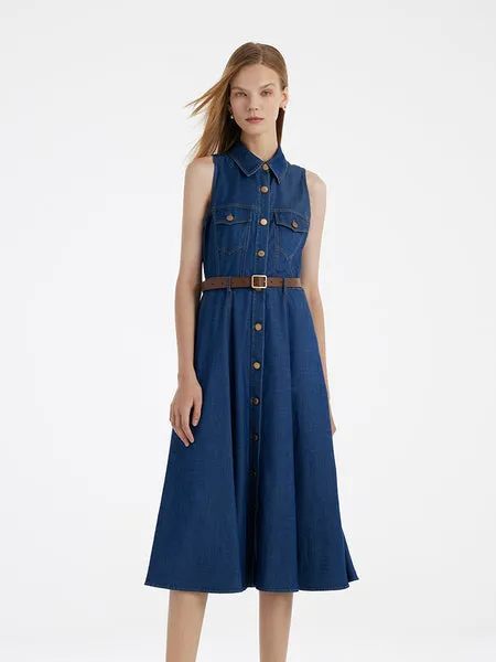 Denim Lapel Women Midi Vest Dress With Belt 