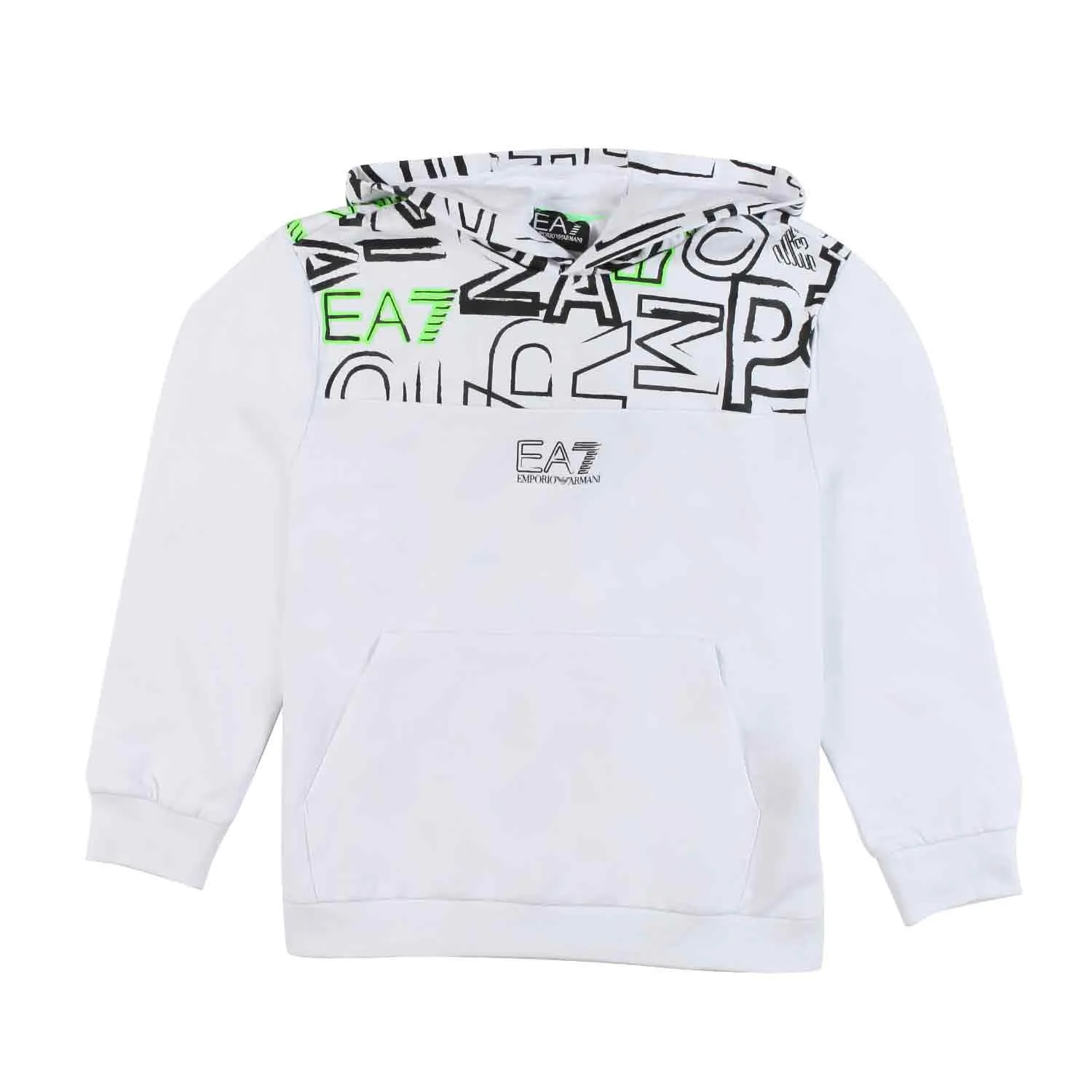 Ea7 White Hoodie Sweatshirt With Black And Fluo Green Ea7 Logo