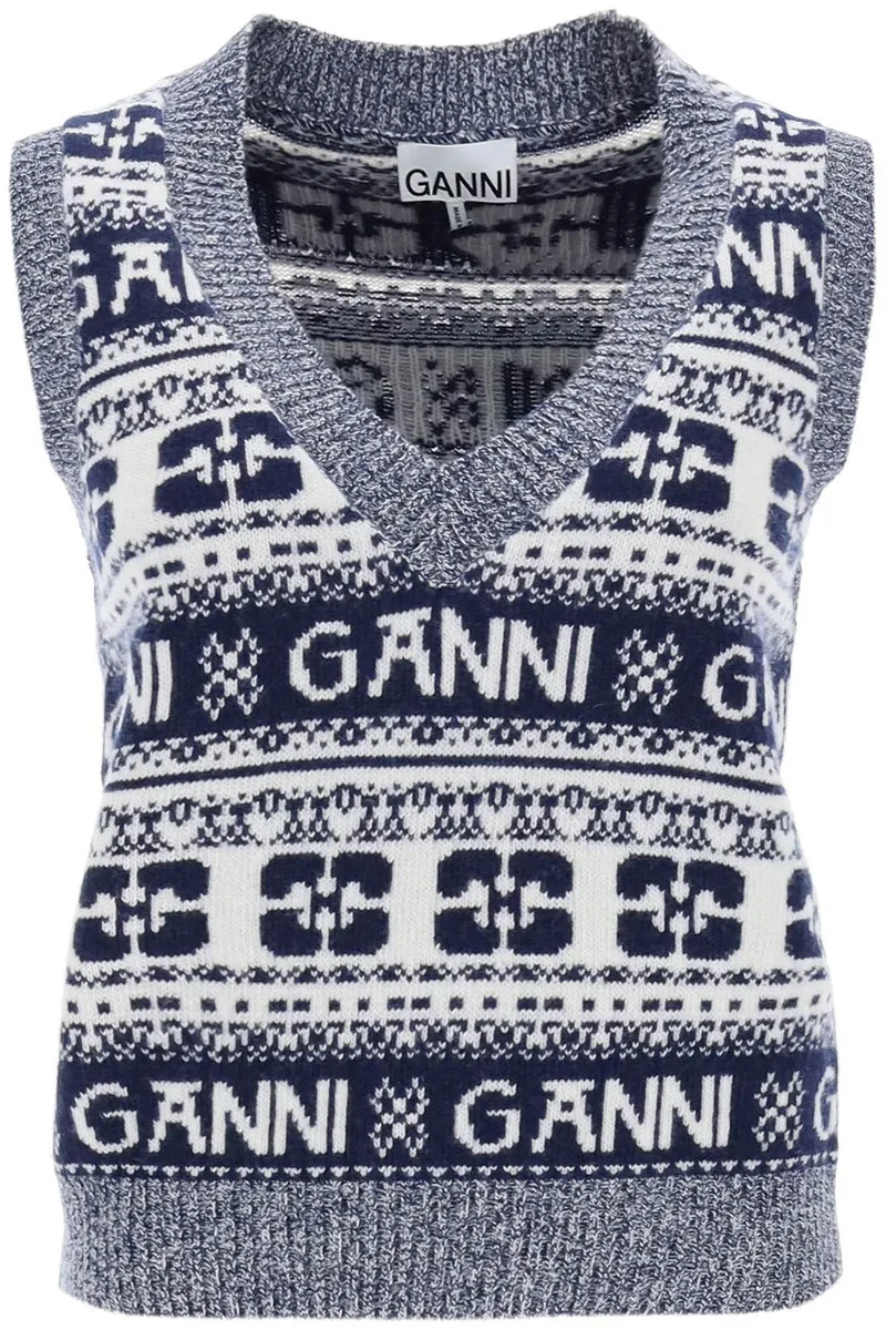 GANNI    Ganni Jacquard Wool Vest With Logo Pattern