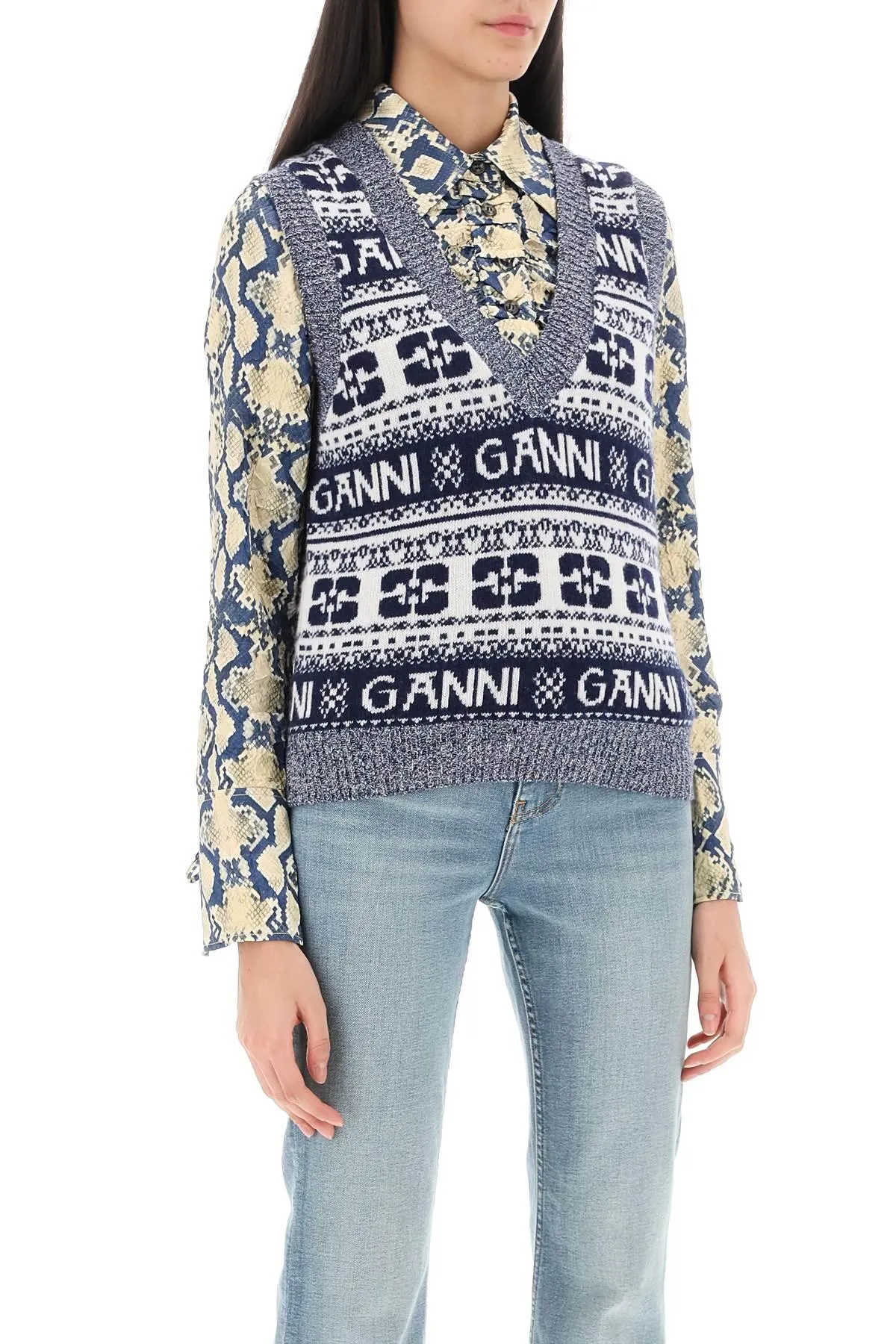 GANNI    Ganni Jacquard Wool Vest With Logo Pattern