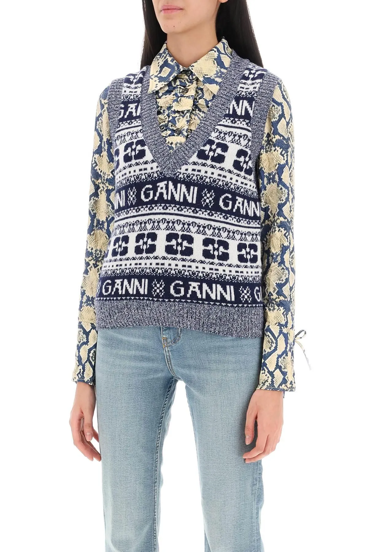 GANNI    Ganni Jacquard Wool Vest With Logo Pattern