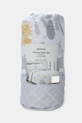 Grey 3 Piece Floral Printed Quilt (King Size)