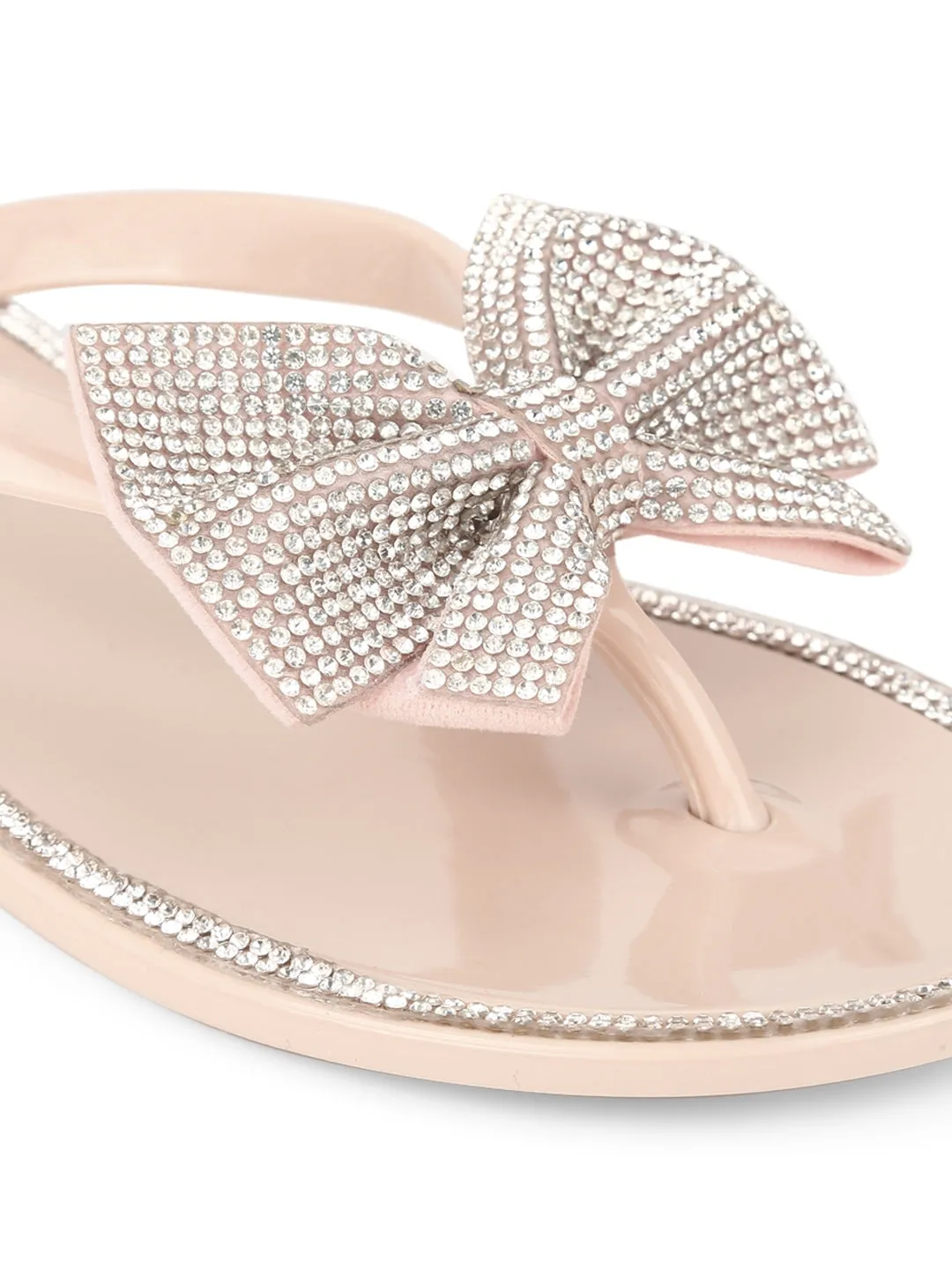 Nude PVC Diamante Bow Slip On Flats