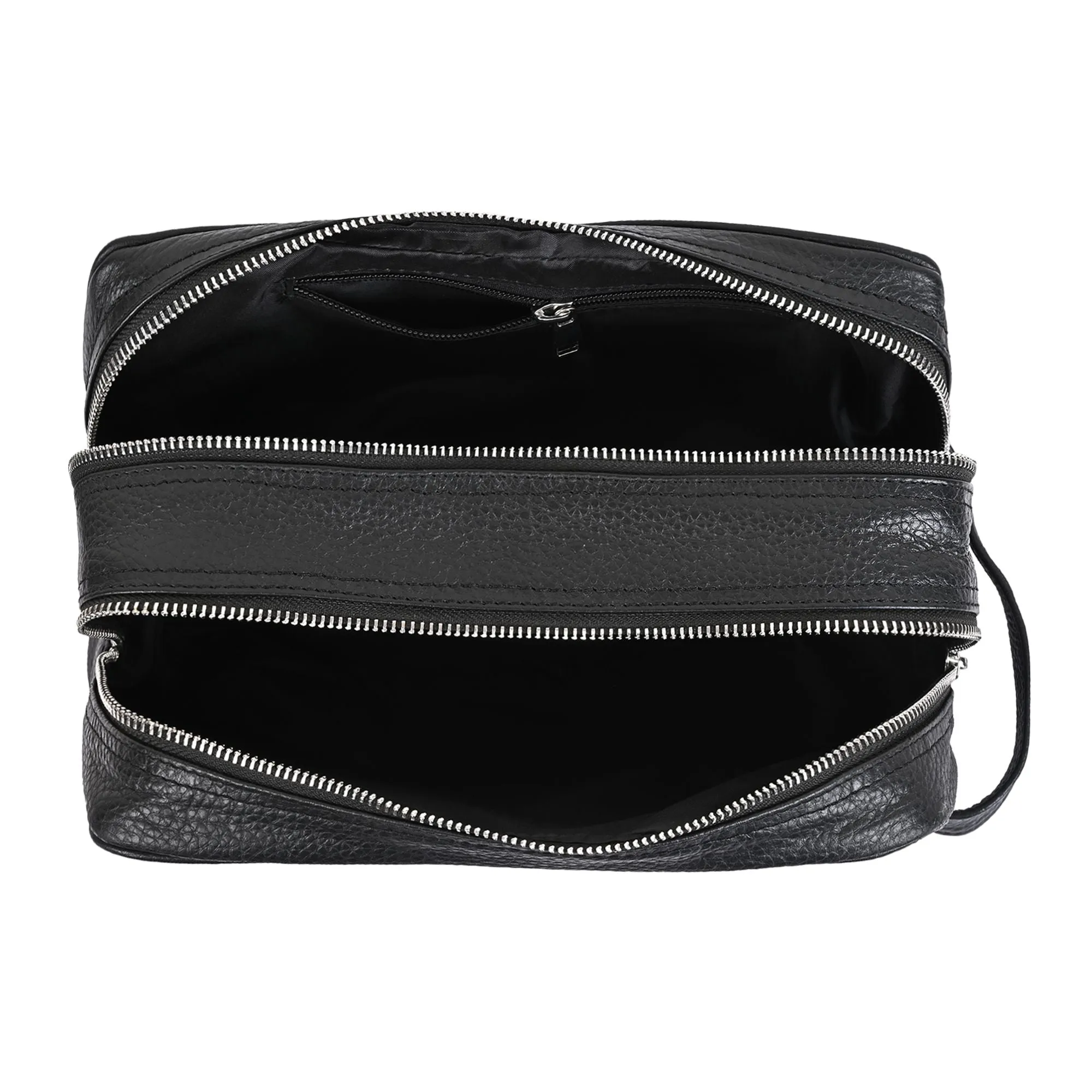 Unisex Black Solid Genuine Leather Travel Toiletry Kit Bag