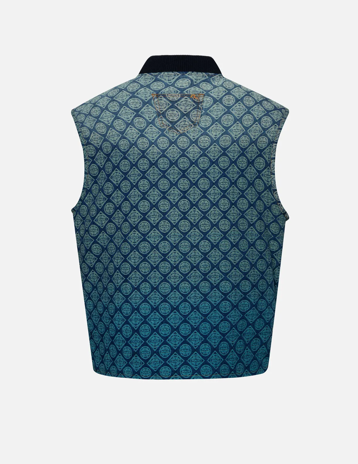 Washed Kamon Jacquard Relax Fit Denim Padded Vest