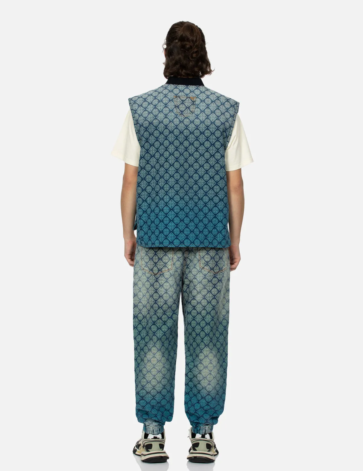 Washed Kamon Jacquard Relax Fit Denim Padded Vest