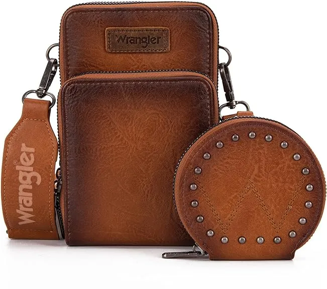 Wrangler Crossbody Cell Phone Purse 3 Zippered Compartment with Coin Pouch - Light Brown - WG117-207LBR